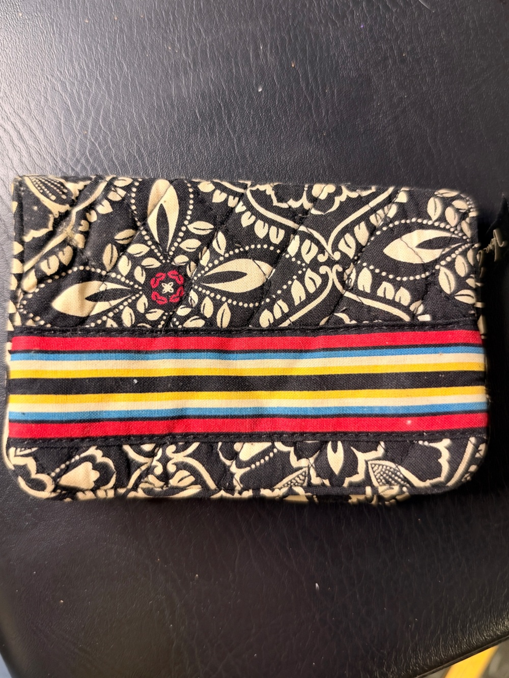 Vera Bradley Black Cream Floral Multicolor Stripe Kiss-Lock Trifold Wallet